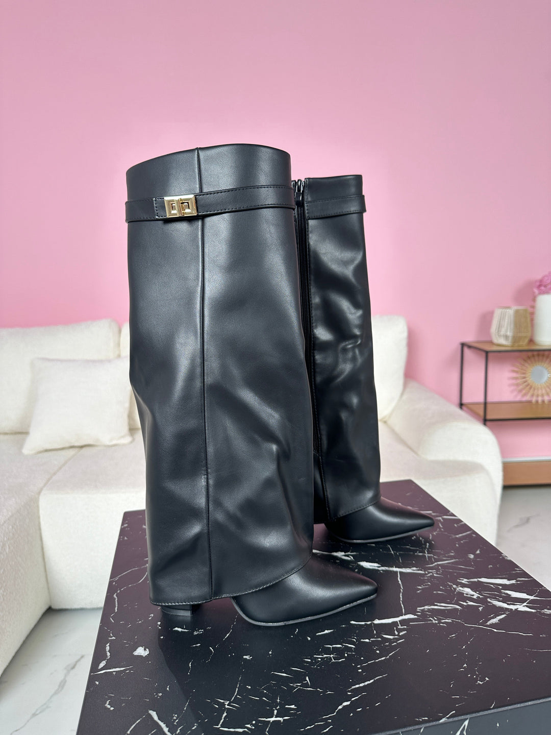 Hélène | Bottes Hautes en Cuir Noir à Boucle