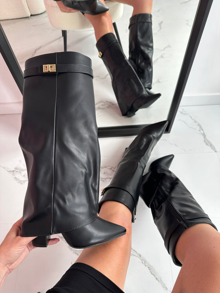Hélène | Bottes Hautes en Cuir Noir à Boucle