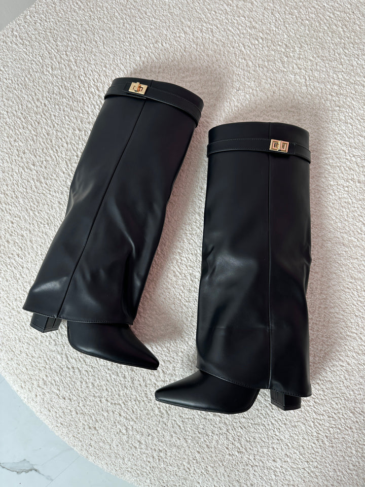 Hélène | Bottes Hautes en Cuir Noir à Boucle