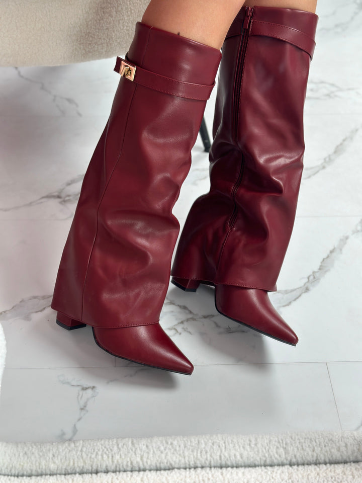 Éloïse | Bottes Hautes en Cuir Bordeaux à Boucle