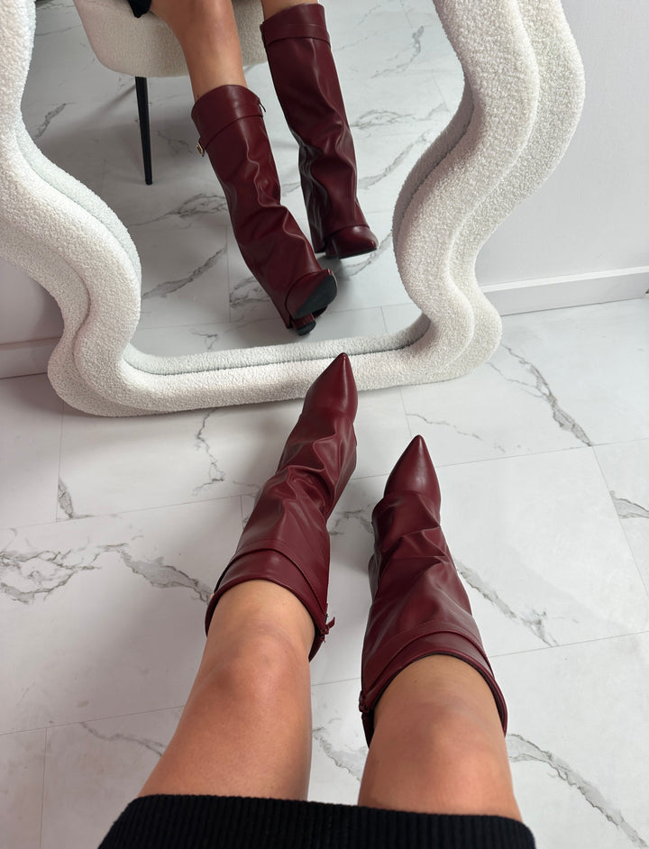 Éloïse | Bottes Hautes en Cuir Bordeaux à Boucle