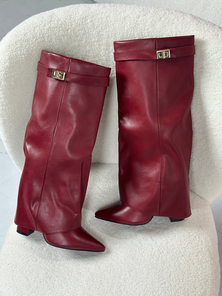 Éloïse | Bottes Hautes en Cuir Bordeaux à Boucle