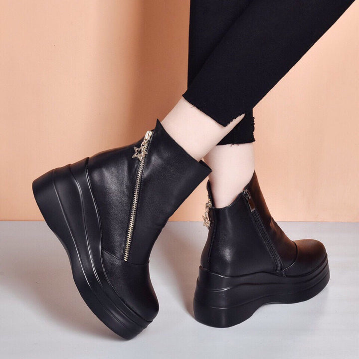 Coralie | Bottines Compensées en Cuir à Zip Diagonal
