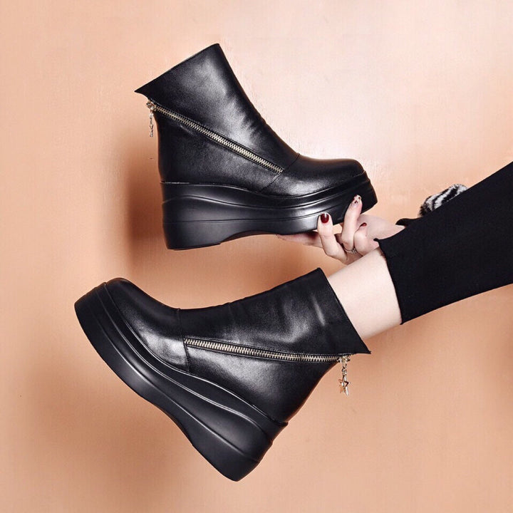 Coralie | Bottines Compensées en Cuir à Zip Diagonal